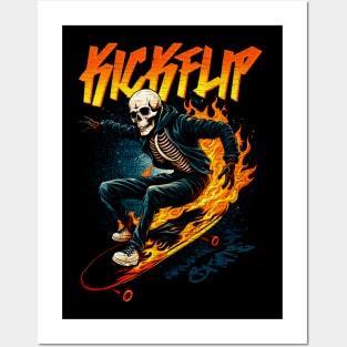 Kickflip Skeleton around on a skateboard Posters and Art